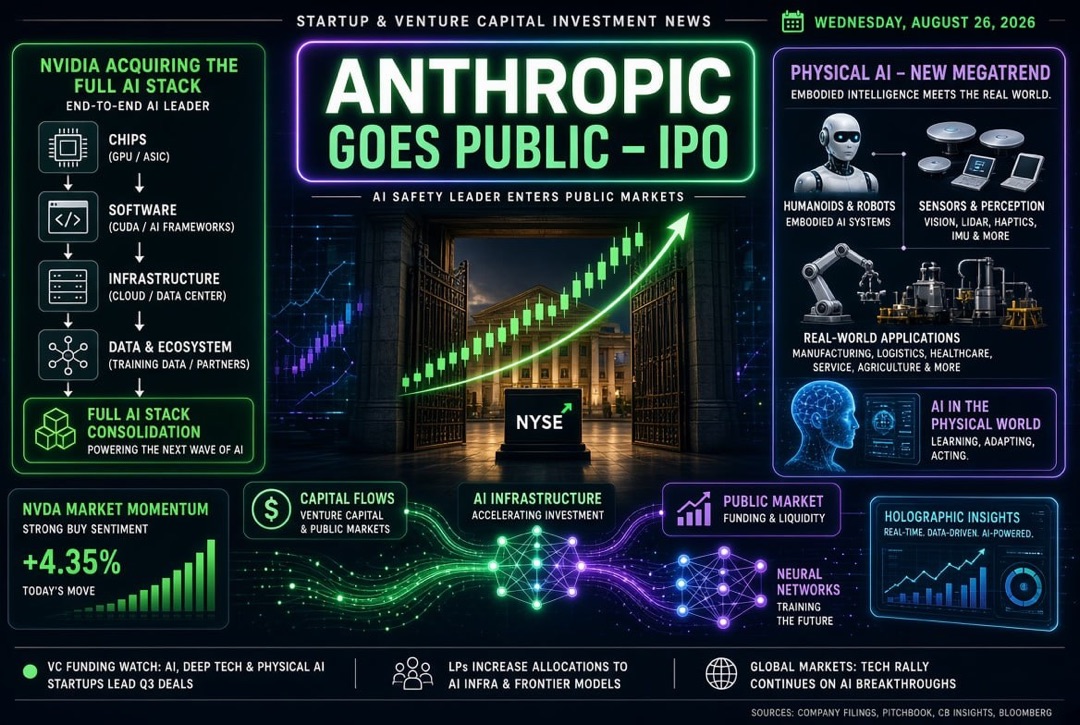 Startup and Venture Investment News — Wednesday, 26 August 2026: Anthropic Goes Public, Nvidia Acquires Entire AI Stack, and Physical AI Becomes a New Mega Trend