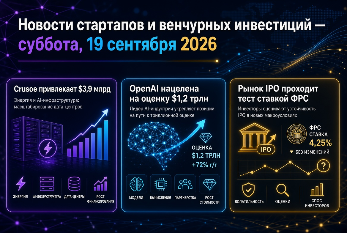 Startup and Venture Investment News — Saturday, 19th September 2026: Crusoe Raises $3.9 Billion, OpenAI Aims for $1.2 Trillion Valuation, IPO Market Tested by Fed Rate