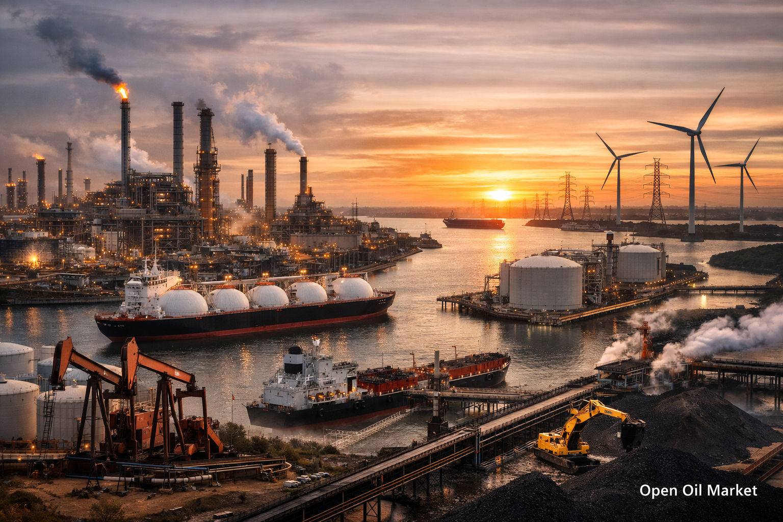 Oil Refinery, LNG Terminal, Oil Tankers and Coal Port at Sunset — Global Oil and Gas Market and Energy February 18, 2026