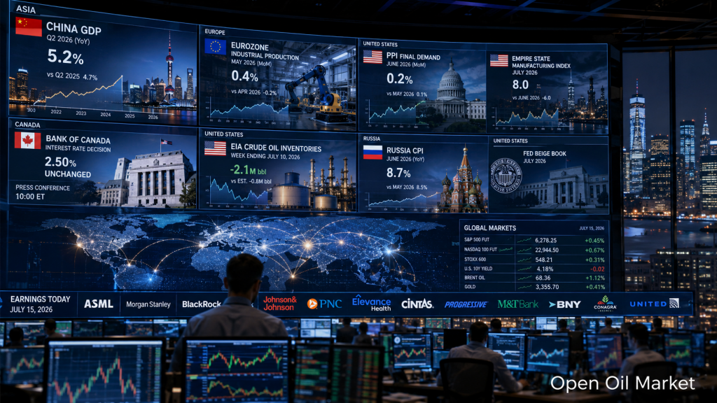 Global Markets 15 July 2026: China's GDP, US PPI, Bank of Canada, EIA Oil Stocks, and Reports from ASML, Morgan Stanley, and BlackRock