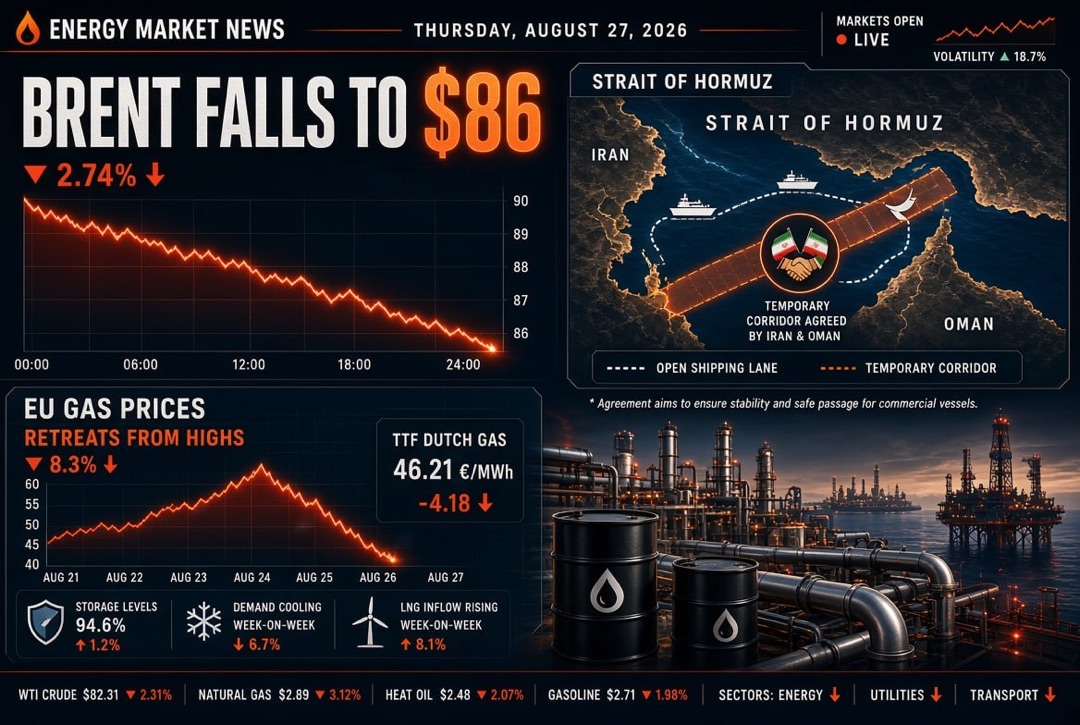 Oil and Gas News and Energy - Thursday, 27 August 2026: Iran and Oman Agree on Temporary Corridor in the Strait of Hormuz, Brent Drops to $86, Gas Prices in Europe Retreat from Highs