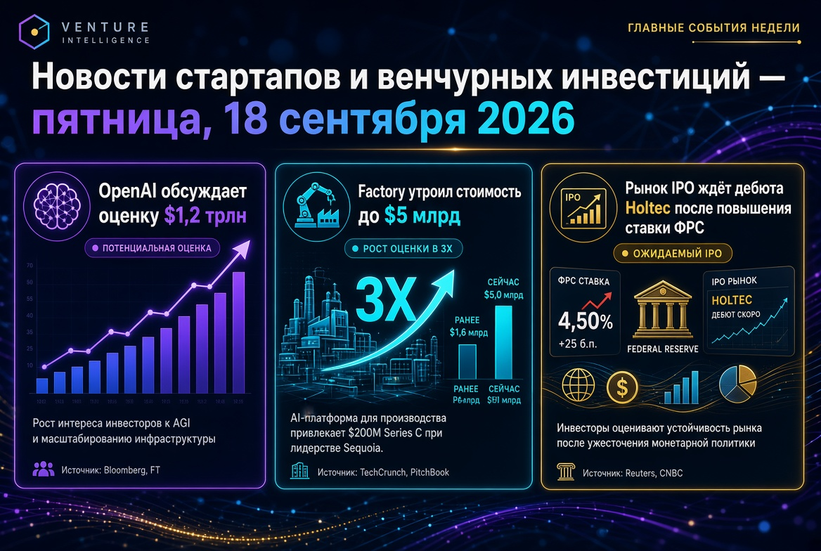Startup and Venture Capital News — Friday, 18 September 2026: OpenAI discusses $1.2 trillion valuation, Factory triples to $5 billion, IPO market awaits Holtec debut after Fed rate hike