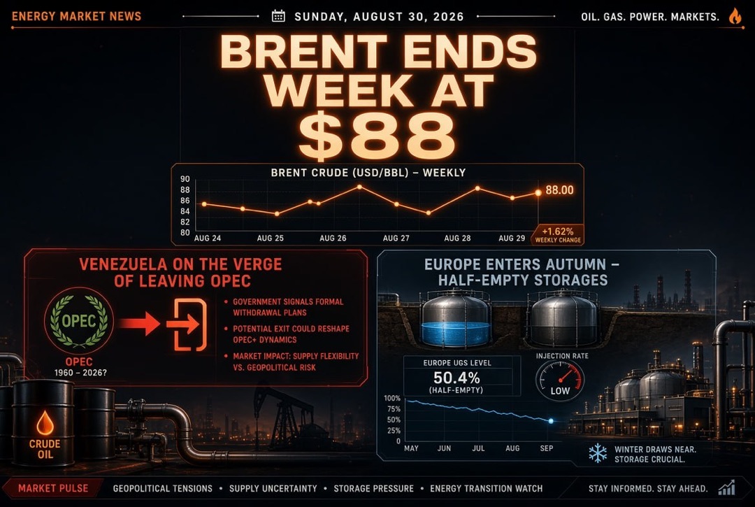 Oil and Gas News — Sunday, 30th August 2026: Venezuela on the brink of exiting OPEC, Brent ends the week at $88, Europe enters autumn with low gas storage
