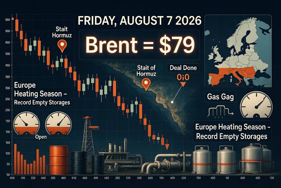 Oil and Gas News — Friday, August 07, 2026: Deal on the Strait of Hormuz Crushes Oil, Brent at $79, Europe Enters Heating Season with Record Low Storage