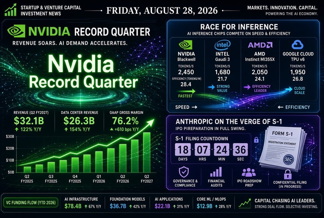 Startup and Venture Investment News — Friday, 28 August 2026: Nvidia's Record Quarter, the Race for Inference, and Anthropic on the Brink of Public S-1