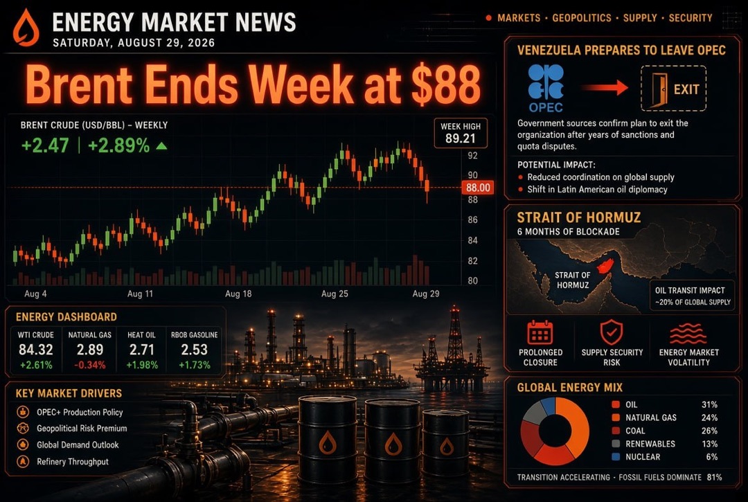 Oil and Gas News and Energy - Saturday, 29 August 2026: Venezuela Prepares to Exit OPEC, Brent Closes Week at $88, Six Months of Hormuz Blockade