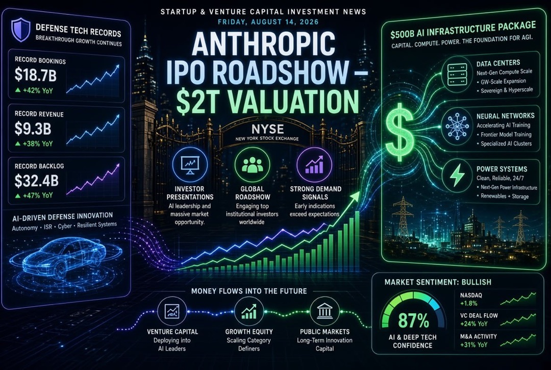 Startup and Venture Investment News - Friday, 14th August 2026: Anthropic's $2 trillion IPO roadshow, $500 billion package for AI infrastructure, and defence technology records.