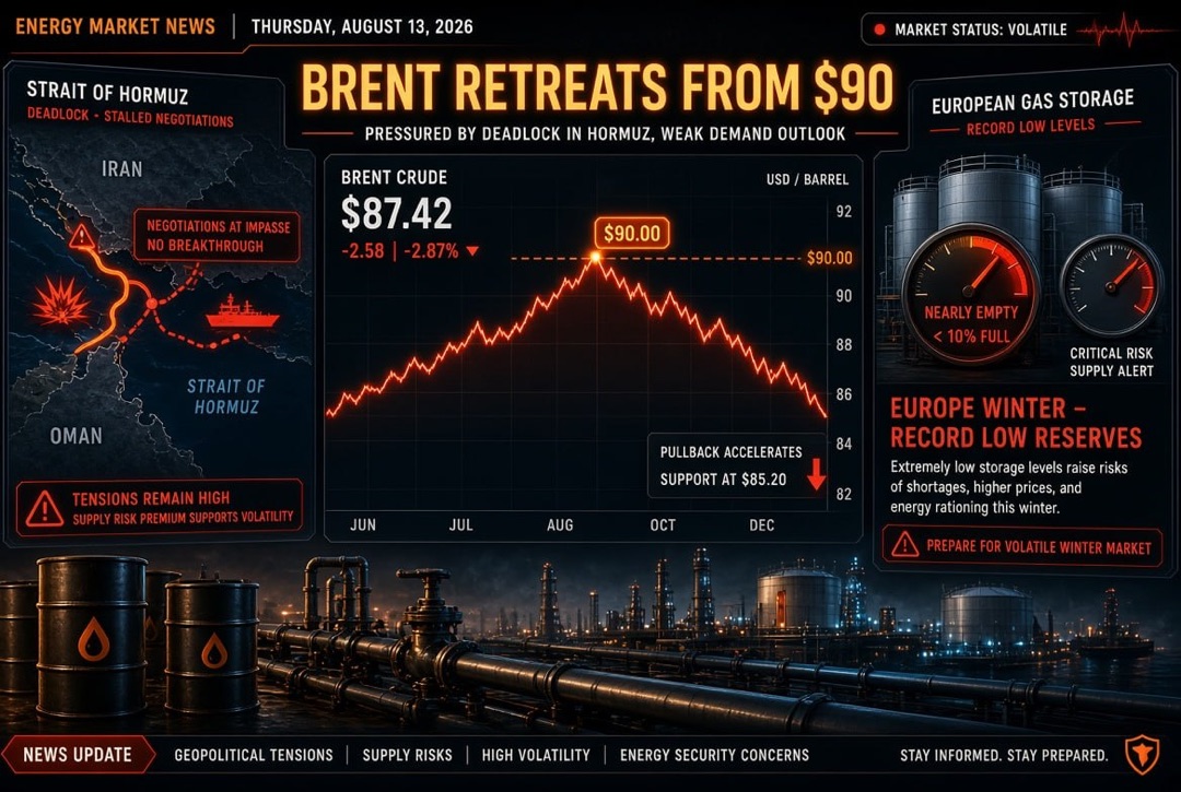 Oil and Gas News & Energy — Thursday, 13 August 2026: Brent retreats from $90 amidst deadlock around the Hormuz Strait; Europe enters winter with record low gas stocks