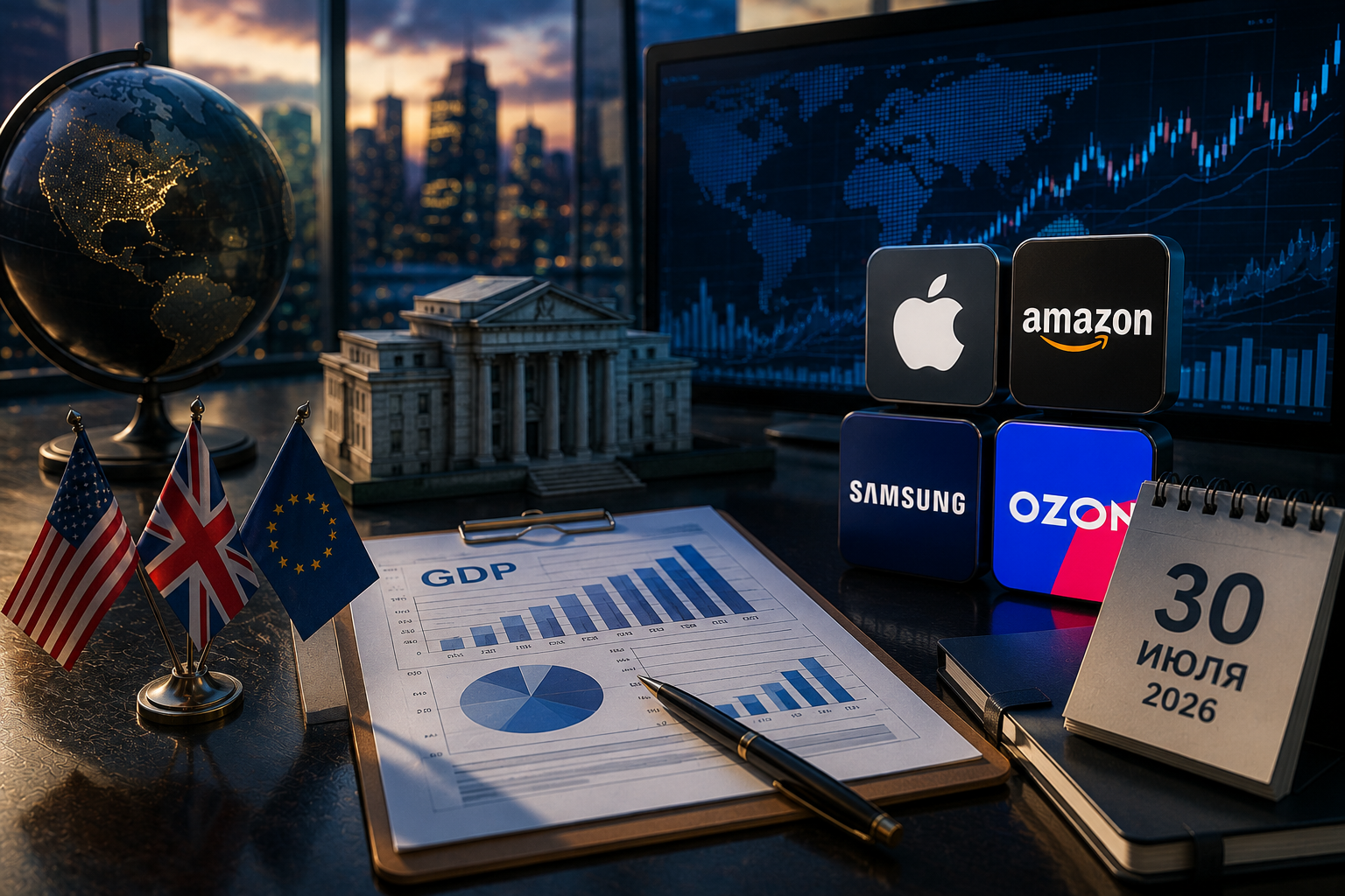 Economic Events and Corporate Reports: Thursday, 30 July 2026 — US GDP, Bank of England Decision, Reports from Apple, Amazon, Samsung, and Ozon