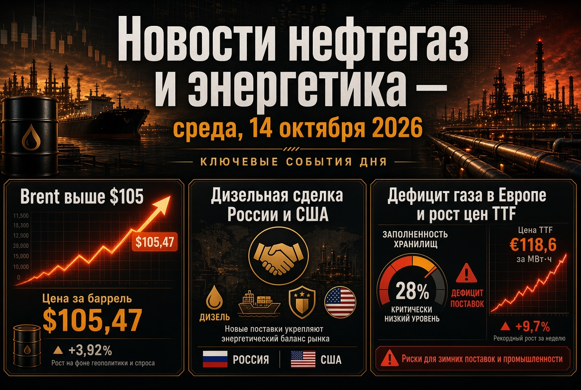 Oil and Gas News and Energy — Wednesday, 14 October 2026: Brent Above $105, Diesel Deal between Russia and USA, Gas Shortage in Europe