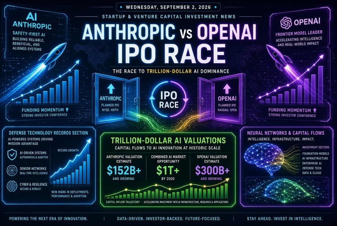 Startup and venture capital news — Wednesday, 2 September 2026: the Anthropic and OpenAI IPO race, trillion-dollar AI valuations and defence technology records