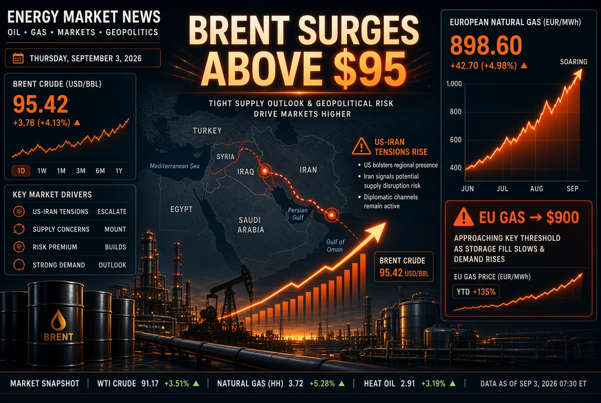Oil and gas news — Thursday, 3 September 2026: US-Iran escalation drives Brent above $95, gas in Europe rises to $900