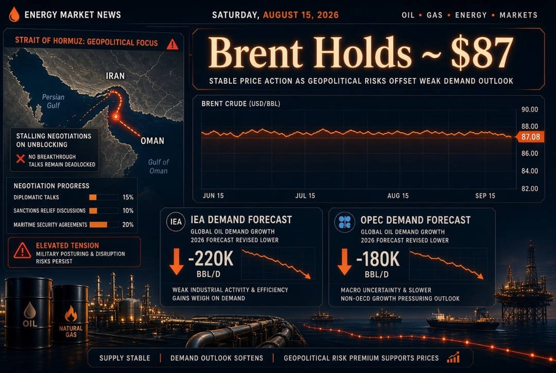 Oil and gas news — Saturday, 15 August 2026: Brent holds at $87 amid stalled negotiations on the unblocking of the Strait of Hormuz; IEA and OPEC lower demand forecasts