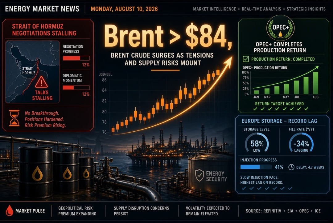 Fuel and Energy News - Monday, 10 August 2026: Negotiations over the Strait of Hormuz Stalled, Brent Above $84, OPEC+ Completes Production Return, Europe is Filling Storages with Record Lag