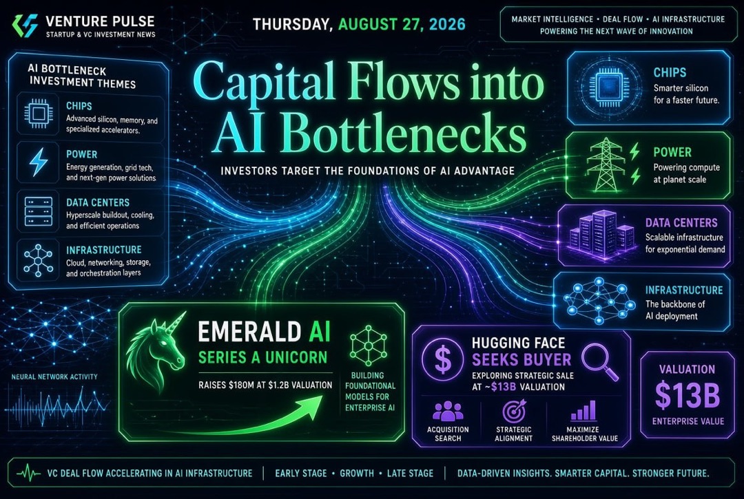 Startup and Venture Capital News - Thursday, 27 August 2026: Capital flows into 'narrow areas' of AI, Emerald AI becomes a unicorn at Series A, and Hugging Face seeks a buyer for $13 billion.