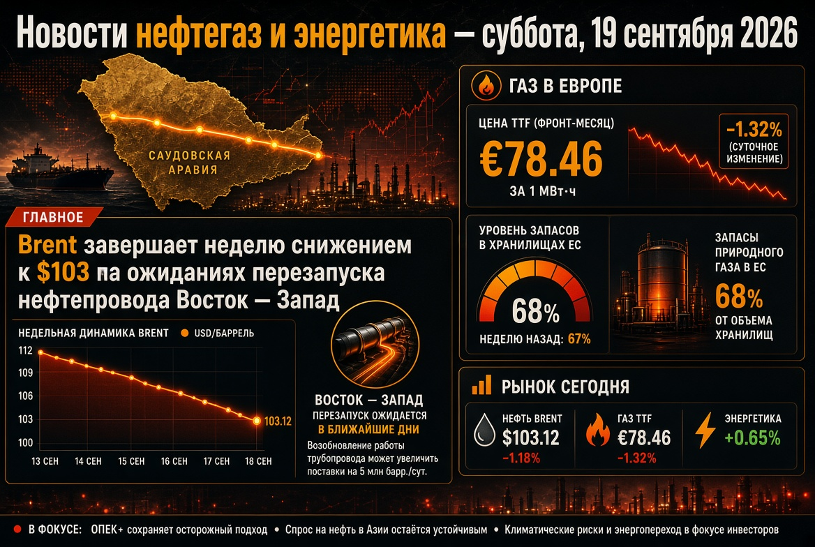 Oil and Gas News and Energy – Saturday, 19 September 2026: Brent Ends the Week Lower at $103 Amid Expectations of East-West Pipeline Restart, Gas in Europe Around €78 with 68% Stocks