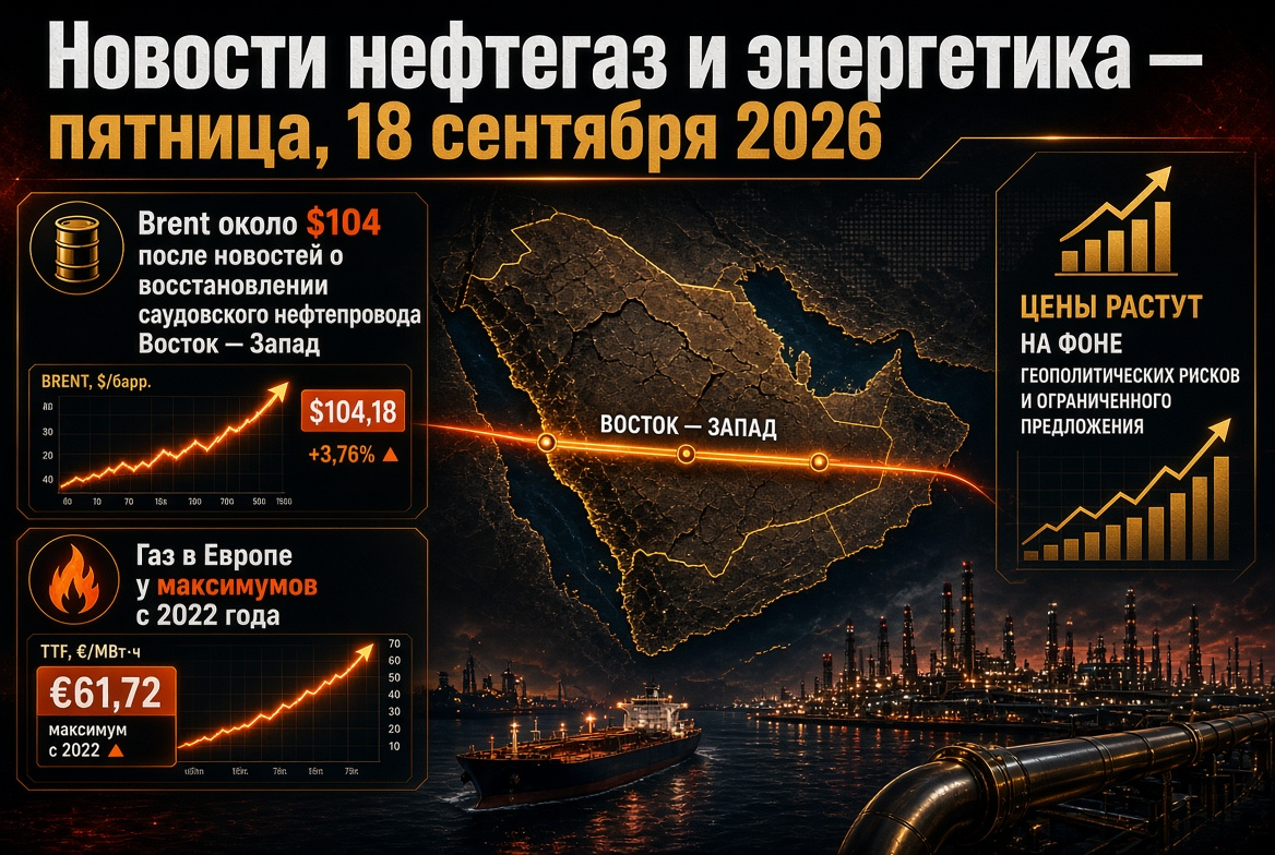 Oil and Gas News and Energy — Friday, 18 September 2026: Brent at $104 After News of Saudi East-West Pipeline Restoration, Gas in Europe at 2022 Highs