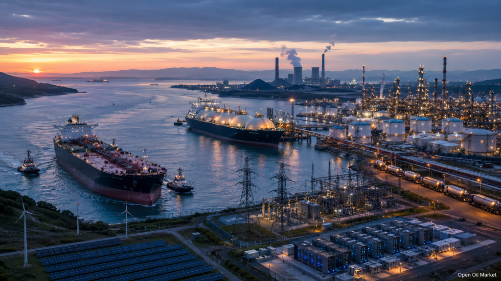 Oil and Gas Energy News 2 June 2026: oil tanker in strategic strait, LNG terminal, refinery, power grids, data centre, renewables and coal generation