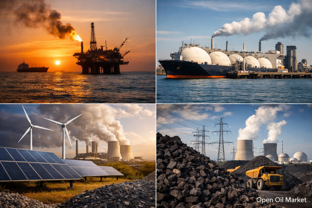 Global energy market oil gas LNG electricity renewable energy coal refineries 1 April 2026