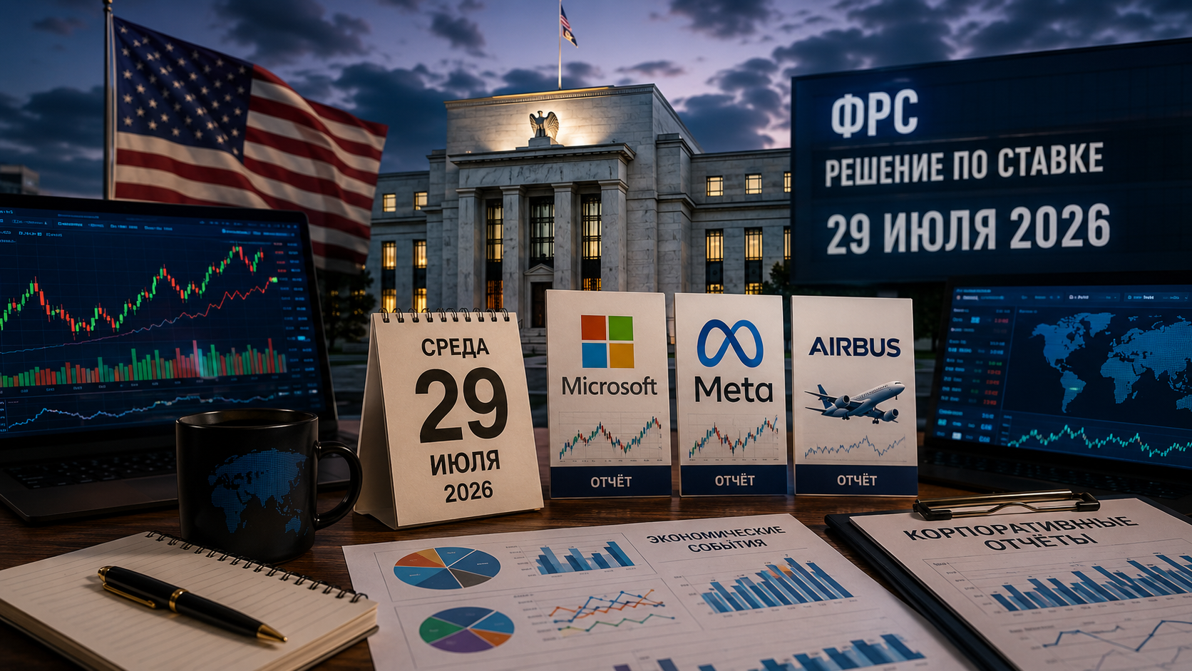 Economic Events and Corporate Reports: Wednesday, 29 July 2026 — The Fed's Interest Rate Decision, Reports from Microsoft, Meta, and Airbus