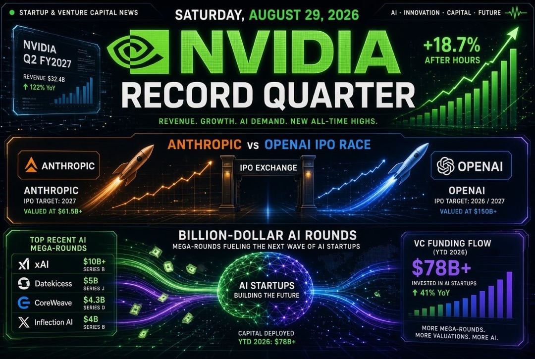 Startup and Venture Investment News — Saturday, 29th August 2026: Nvidia's Record Quarter, the IPO Race of Anthropic and OpenAI, and Billion-Dollar AI Funding Rounds