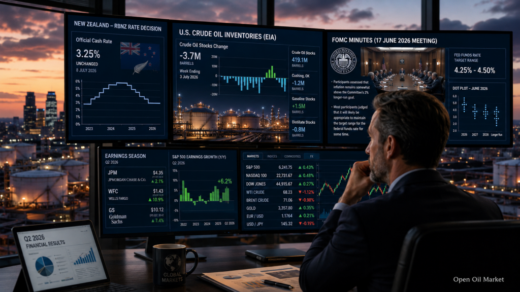 Economic Events and Corporate Reports, Wednesday 8th July 2026: RBNZ Rate, EIA Oil Inventories and FOMC Minutes