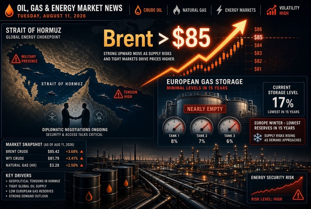 Oil and Gas News and Energy - Tuesday, August 11, 2026: Brent Surpasses $85 Amid Hormuz Strait Negotiations, Europe Enters Winter with 15-Year Low Gas Reserves