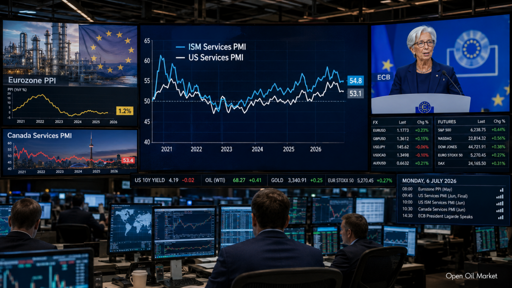 Economic Calendar for 6 July 2026: ISM Services PMI USA, Eurozone PPI, Canadian PMI, ECB President Christine Lagarde’s Address and Investor Reactions