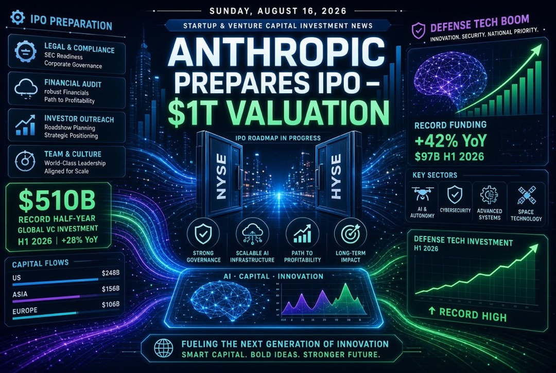 Startup and Venture Capital News — Sunday, 16 August 2026: Anthropic Prepares for $1 Trillion IPO, Record $510 Billion in Six Months, and a Boom in Defence Technologies