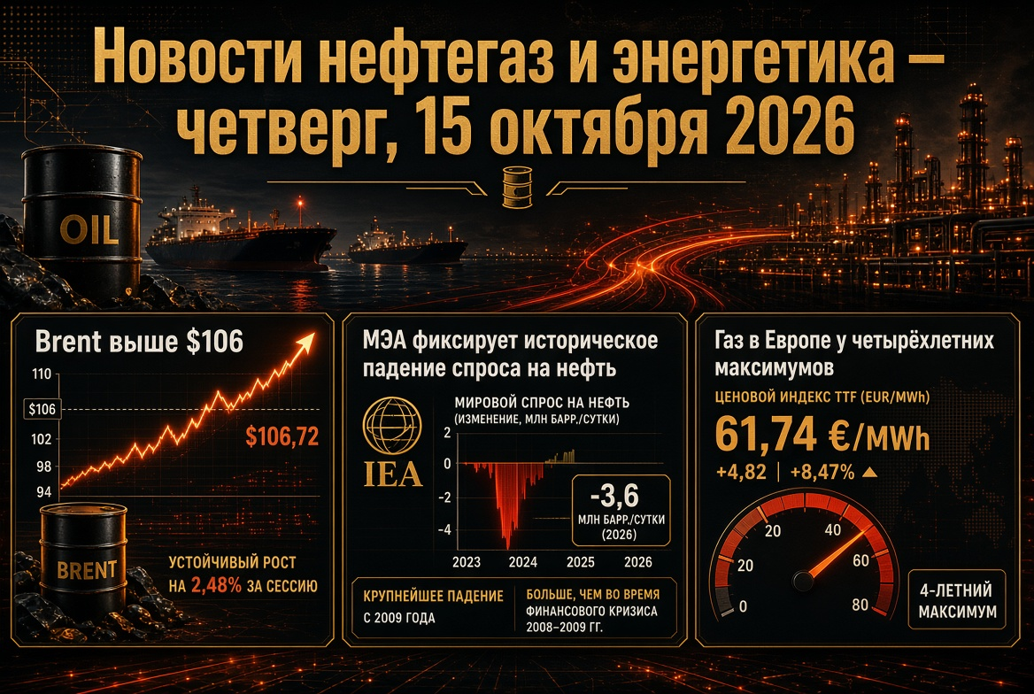 Oil & Gas News - Thursday, 15 October 2026: Brent Above $106, IEA Records Historic Decline in Oil Demand, Gas Prices in Europe at Four-Year Highs