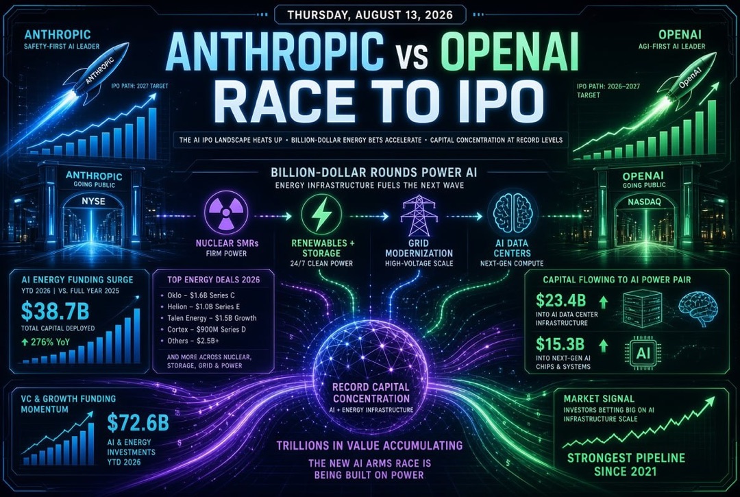 Startup and Venture Investment News — Thursday, 13 August 2026: The Race of Anthropic and OpenAI to the Stock Exchange, Billion-Dollar Rounds in Energy for AI and Record Capital Concentration