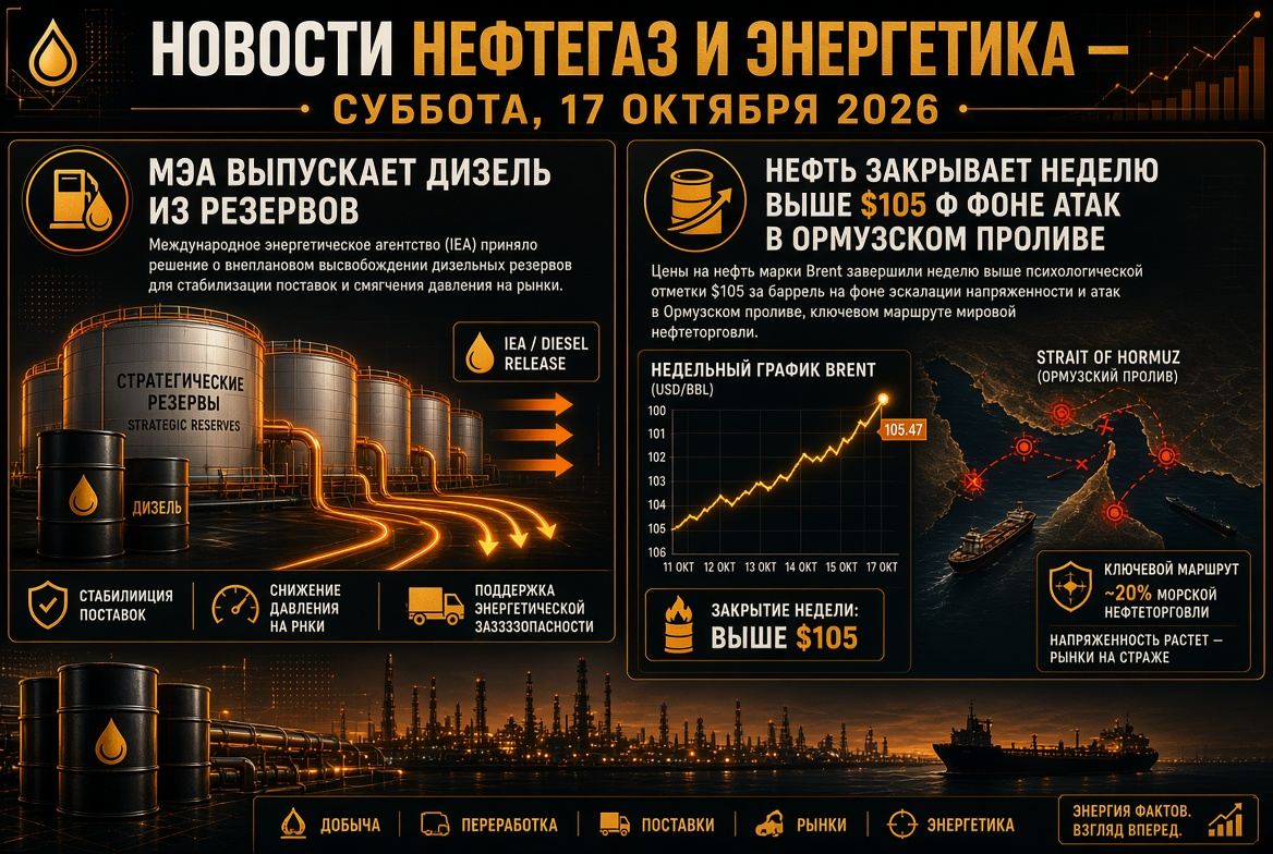 Oil and Gas News — Saturday, 17 October 2026: IEA Releases Diesel from Reserves, Oil Closes the Week Above $105 Amid Attacks in the Strait of Hormuz
