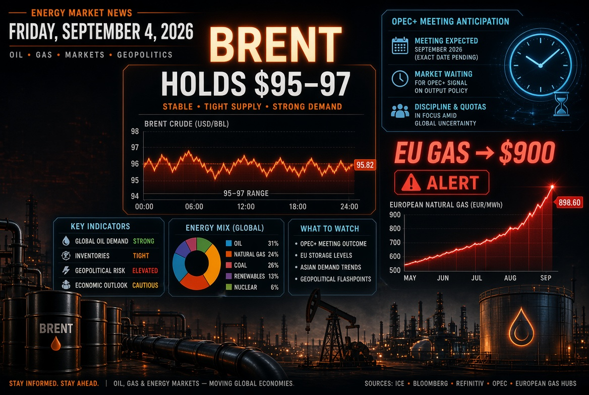 Oil and Gas Industry News — Friday, 4 September 2026: Brent Holds at $95–97 Awaiting OPEC+ Meeting, Gas in Europe Surges to $900