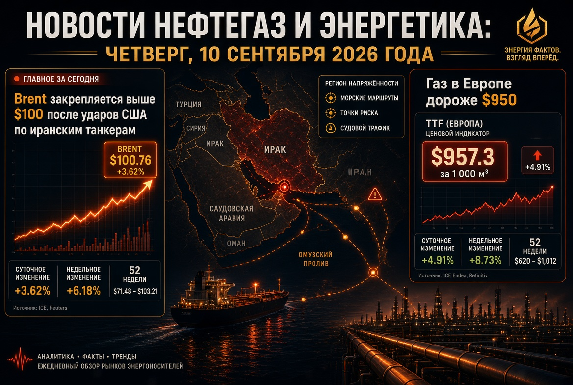 Oil, Gas and Energy News: Thursday, 10th September 2026 - Brent Remains Above $100 Following US Strikes on Iranian Tankers, Gas in Europe Over $950