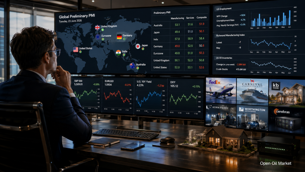 Economic Events and Corporate Reports: Tuesday, 23 June 2026 - Global PMIs, US Labour Market, FedEx, Carnival, and KB Home