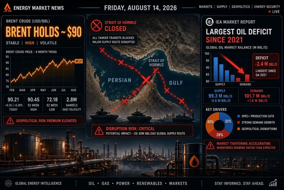 Oil and Gas News — Friday, 14 August 2026: Brent Holds at $90 Amid Closed Strait of Hormuz; IEA Records Largest Oil Deficit Since 2021